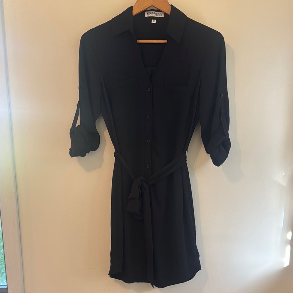 Express Black Notched Collar Cuffed Sleeve Dress, XS